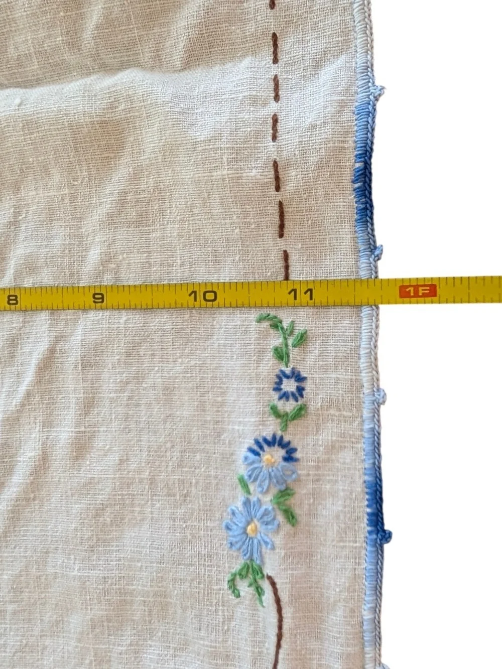Hand-Embroidered Floral Linen Table Runner in Cream and Blue
